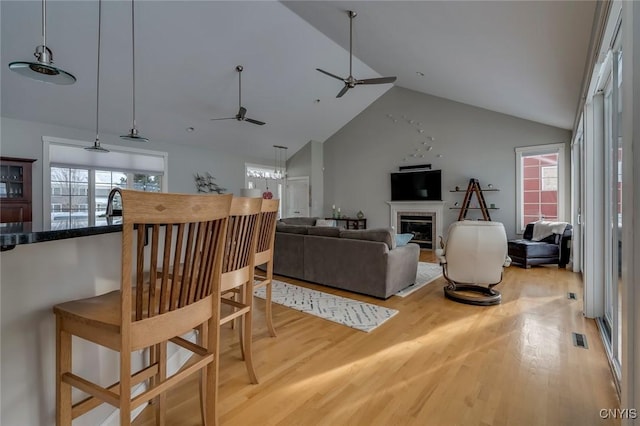 living room with ceiling fan, high vaulted ceiling, a wealth of natural light, and light hardwood / wood-style floors