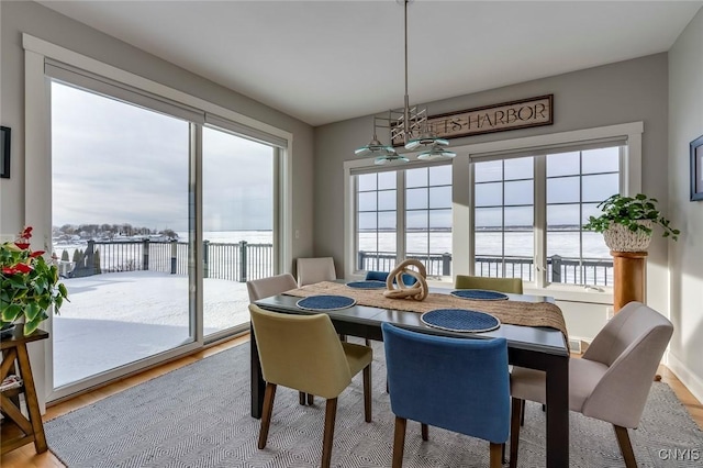 dining area featuring a water view and wood-type flooring