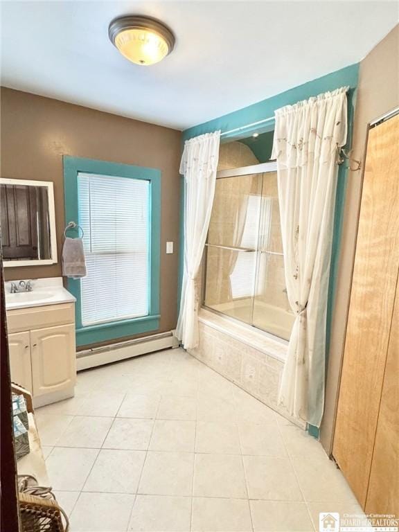 bathroom featuring shower / bath combination, a baseboard radiator, tile patterned flooring, and vanity