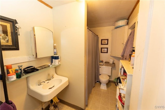 bathroom featuring toilet, a shower with curtain, and a sink