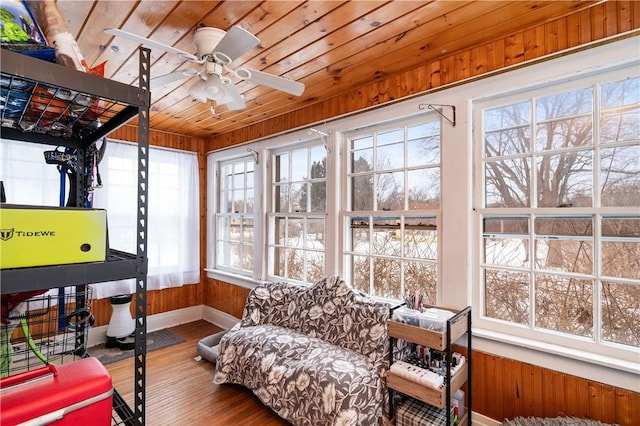 sunroom with wood ceiling and ceiling fan