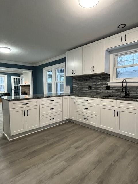 kitchen featuring ornamental molding, sink, and white cabinets