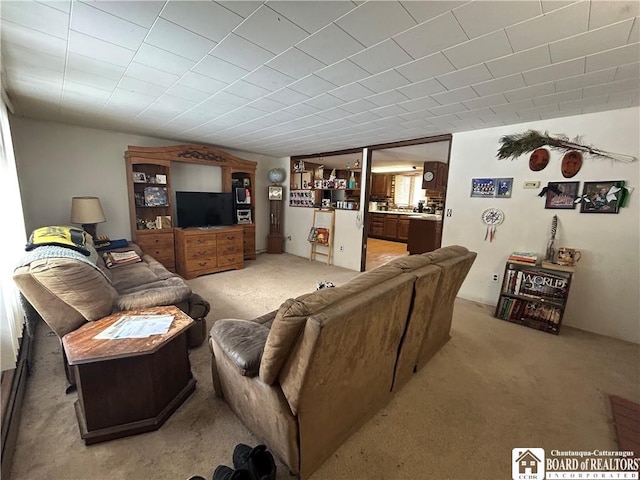 living room featuring light colored carpet