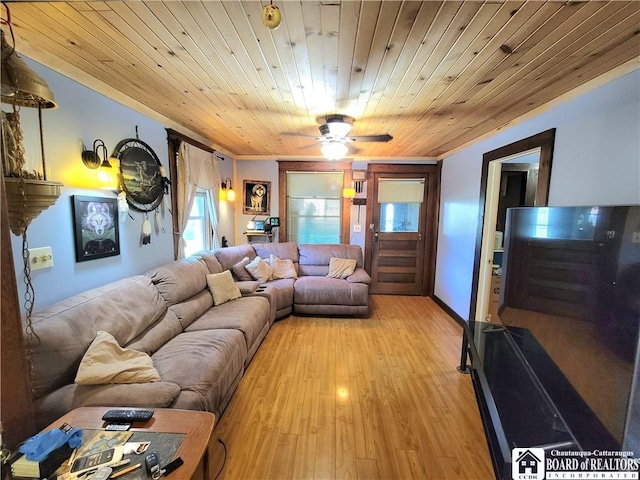 living room with wood ceiling, light hardwood / wood-style floors, and ceiling fan