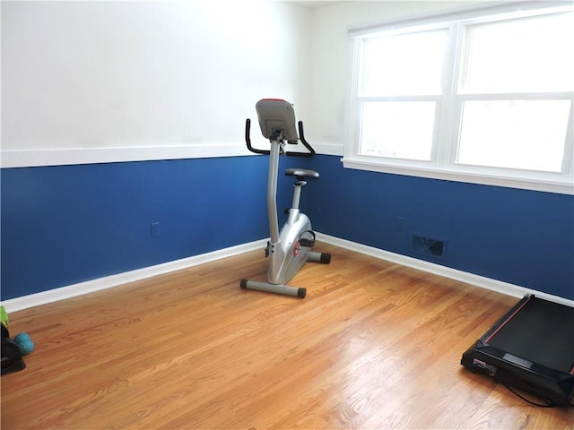 workout room with light hardwood / wood-style flooring