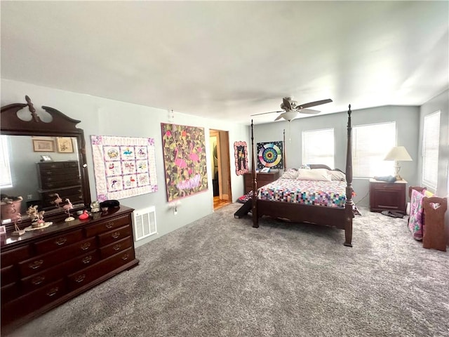 carpeted bedroom with ceiling fan