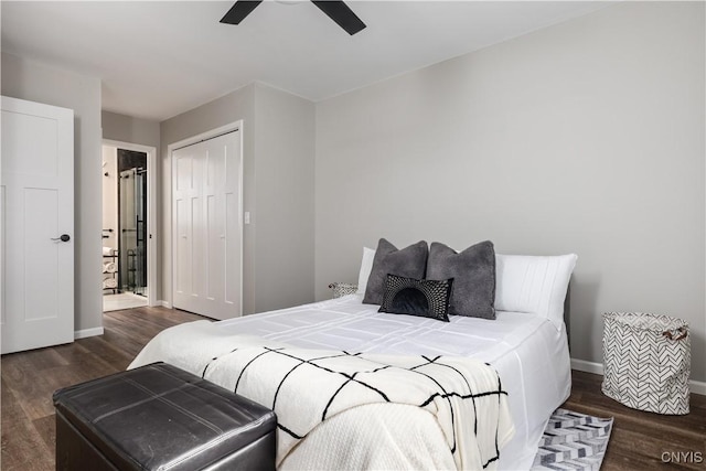 bedroom with ceiling fan, dark hardwood / wood-style flooring, and a closet