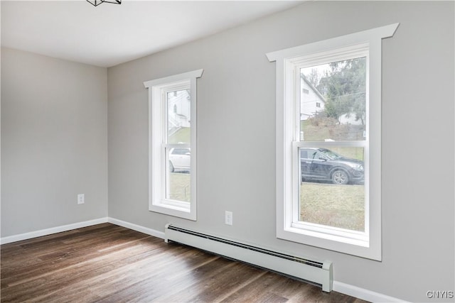 empty room with dark wood-type flooring and baseboard heating