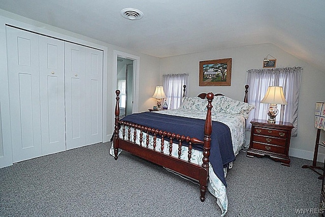 carpeted bedroom featuring a closet, lofted ceiling, and multiple windows