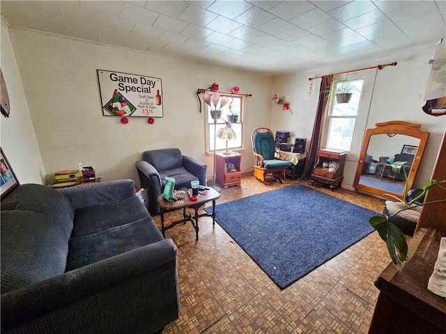 living room featuring ornamental molding