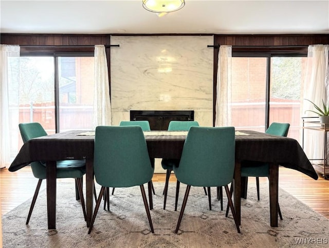 dining room featuring hardwood / wood-style flooring, plenty of natural light, and a premium fireplace