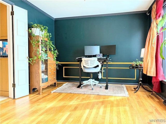 office area featuring crown molding and wood-type flooring