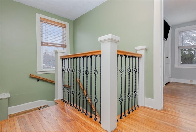 staircase with hardwood / wood-style floors