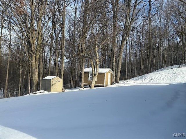 snowy yard with a shed