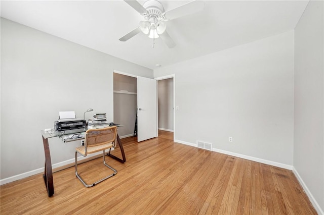 office space with ceiling fan and light hardwood / wood-style flooring