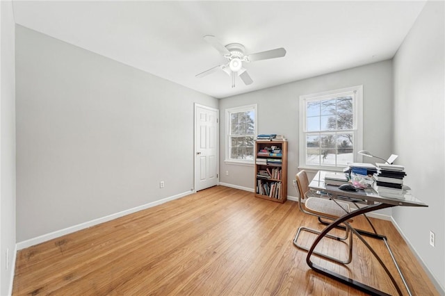 office area with ceiling fan and light hardwood / wood-style floors