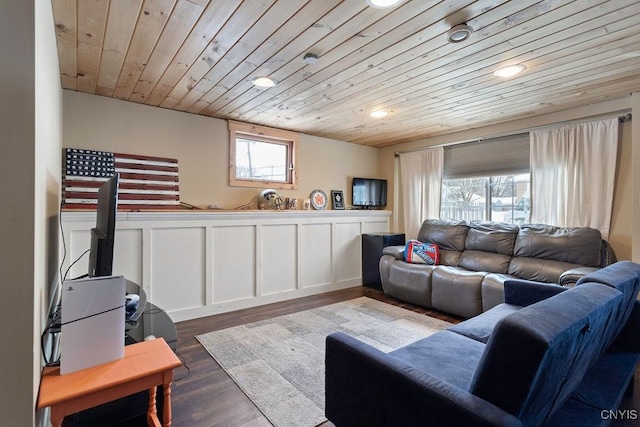 living room with wooden ceiling and light hardwood / wood-style floors