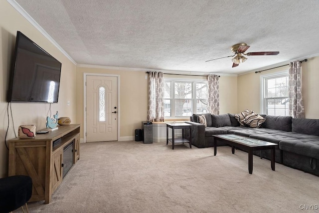 carpeted living room featuring ceiling fan, ornamental molding, and a textured ceiling