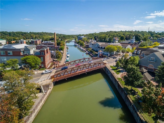 drone / aerial view featuring a water view