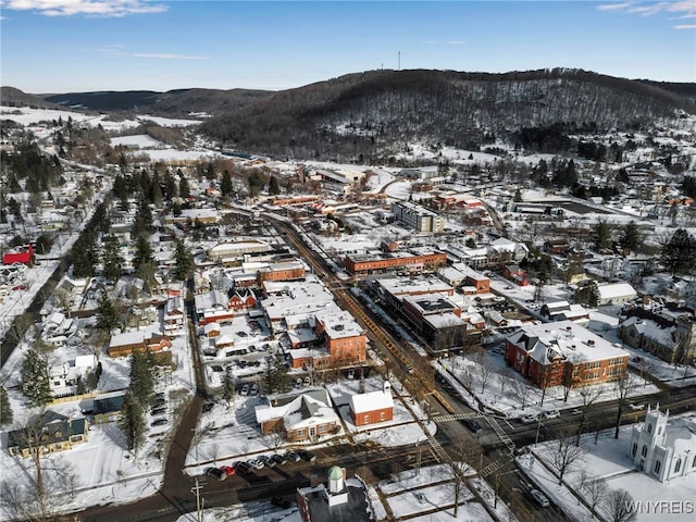 snowy aerial view featuring a mountain view