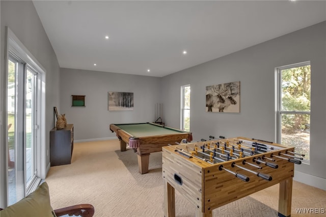 playroom with light carpet and pool table