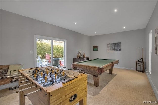 playroom featuring light colored carpet and pool table