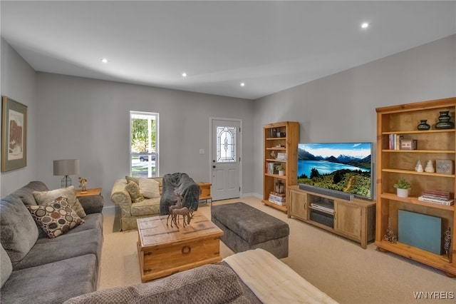 living room featuring light colored carpet