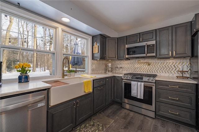 kitchen featuring stainless steel appliances, tasteful backsplash, sink, and dark hardwood / wood-style floors