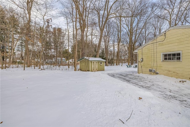 snowy yard with a storage unit