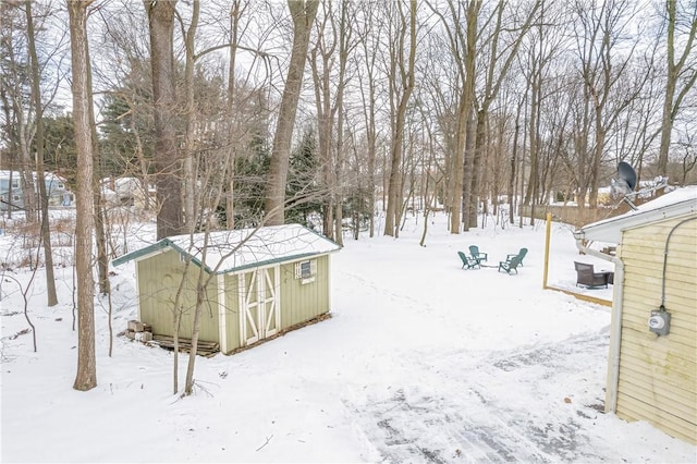 yard covered in snow featuring a storage unit