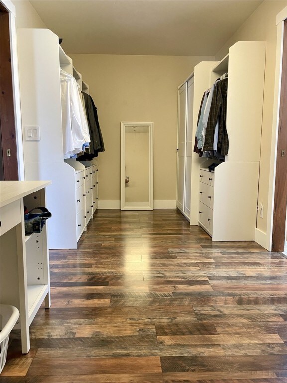 spacious closet with dark wood-style flooring
