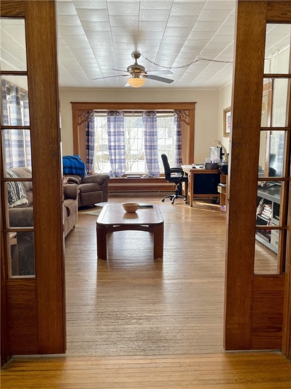 405 2nd Ave, Wayland, NY 14572 - living room with an office area, hardwood / wood-style flooring, and ceiling fan