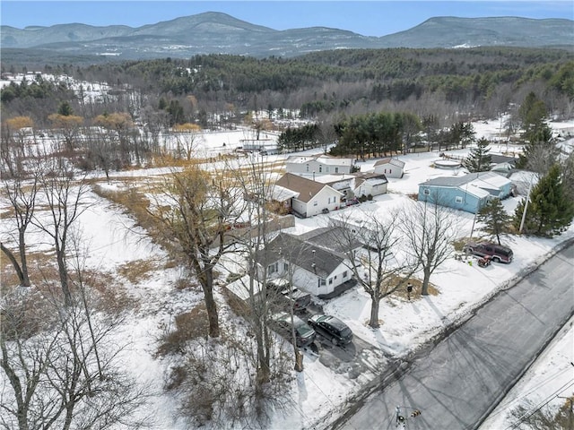 snowy aerial view featuring a mountain view