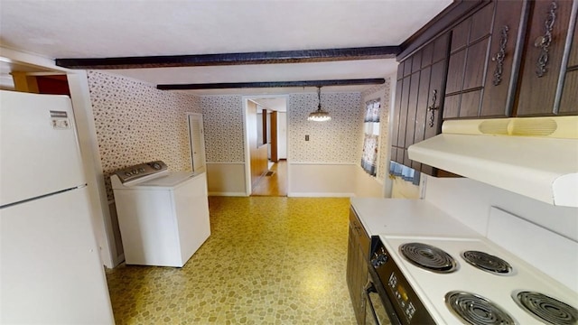 kitchen with washer / dryer, decorative light fixtures, dark brown cabinets, white refrigerator, and range with electric cooktop