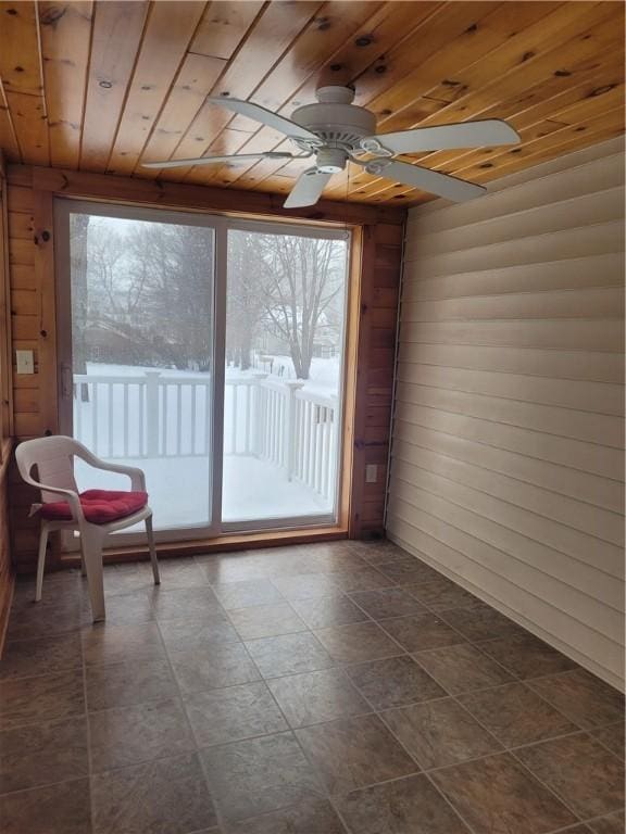 unfurnished sunroom featuring wooden ceiling and ceiling fan