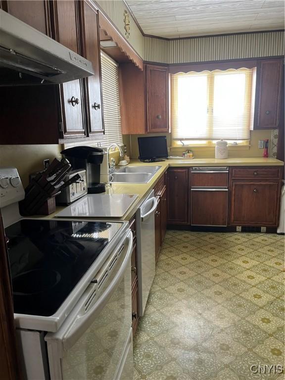 kitchen featuring stainless steel dishwasher, white electric stove, and sink