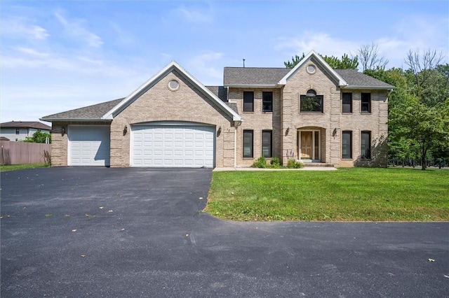 view of front of house with a garage and a front lawn