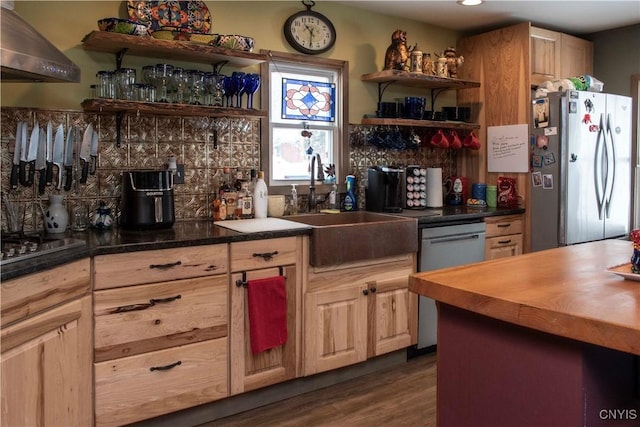 kitchen featuring dark wood-type flooring, light brown cabinetry, sink, ventilation hood, and appliances with stainless steel finishes