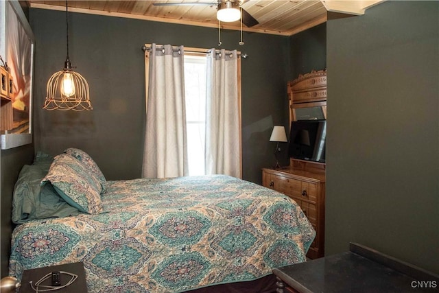 bedroom with wooden ceiling and ceiling fan