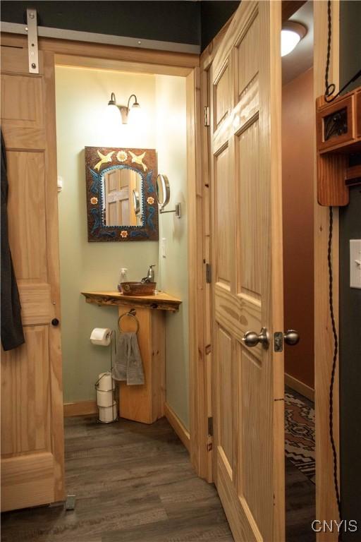 bathroom with hardwood / wood-style floors