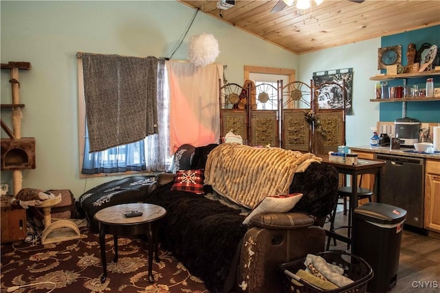 sitting room featuring ceiling fan, wood ceiling, vaulted ceiling, and a healthy amount of sunlight