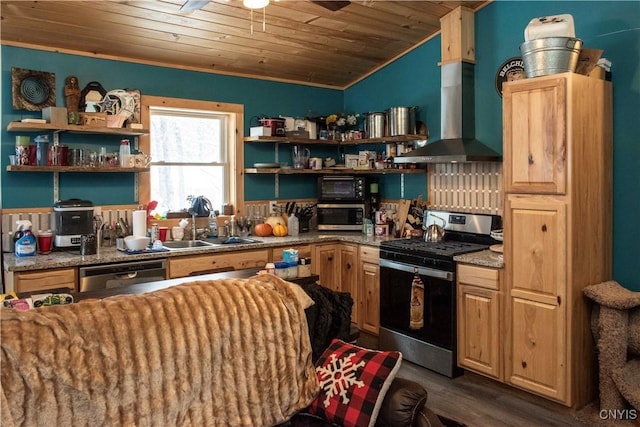 kitchen with dark wood-type flooring, sink, wooden ceiling, appliances with stainless steel finishes, and ceiling fan