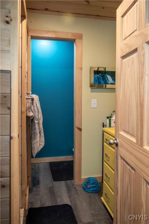 bathroom with hardwood / wood-style floors