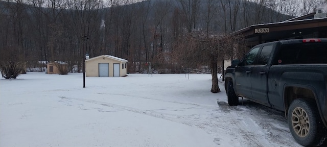 yard layered in snow with a storage unit