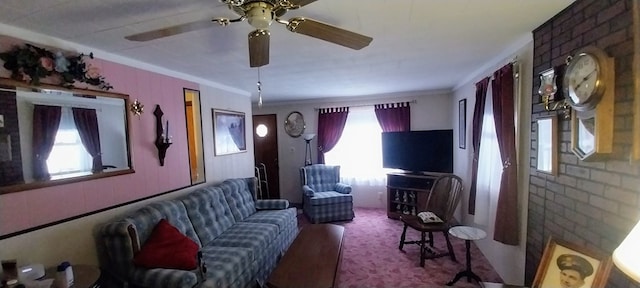 living room featuring ornamental molding and carpet