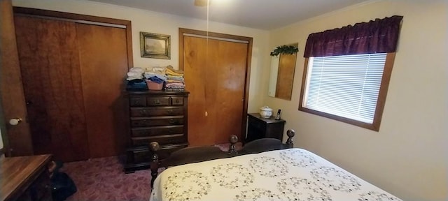 bedroom featuring carpet, two closets, and ceiling fan