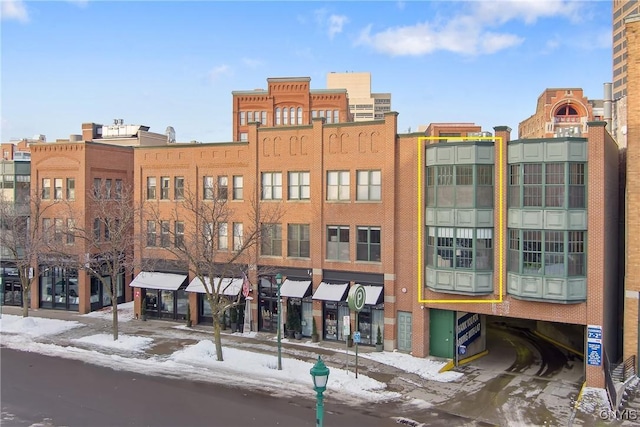 view of snow covered building