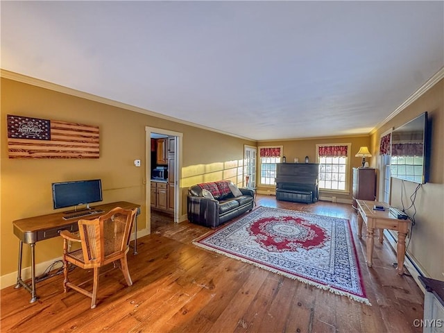 living room featuring hardwood / wood-style floors, ornamental molding, and baseboard heating