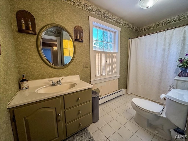 bathroom with vanity, tile patterned flooring, a baseboard radiator, and toilet