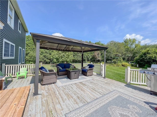 deck with a gazebo, a yard, and an outdoor hangout area